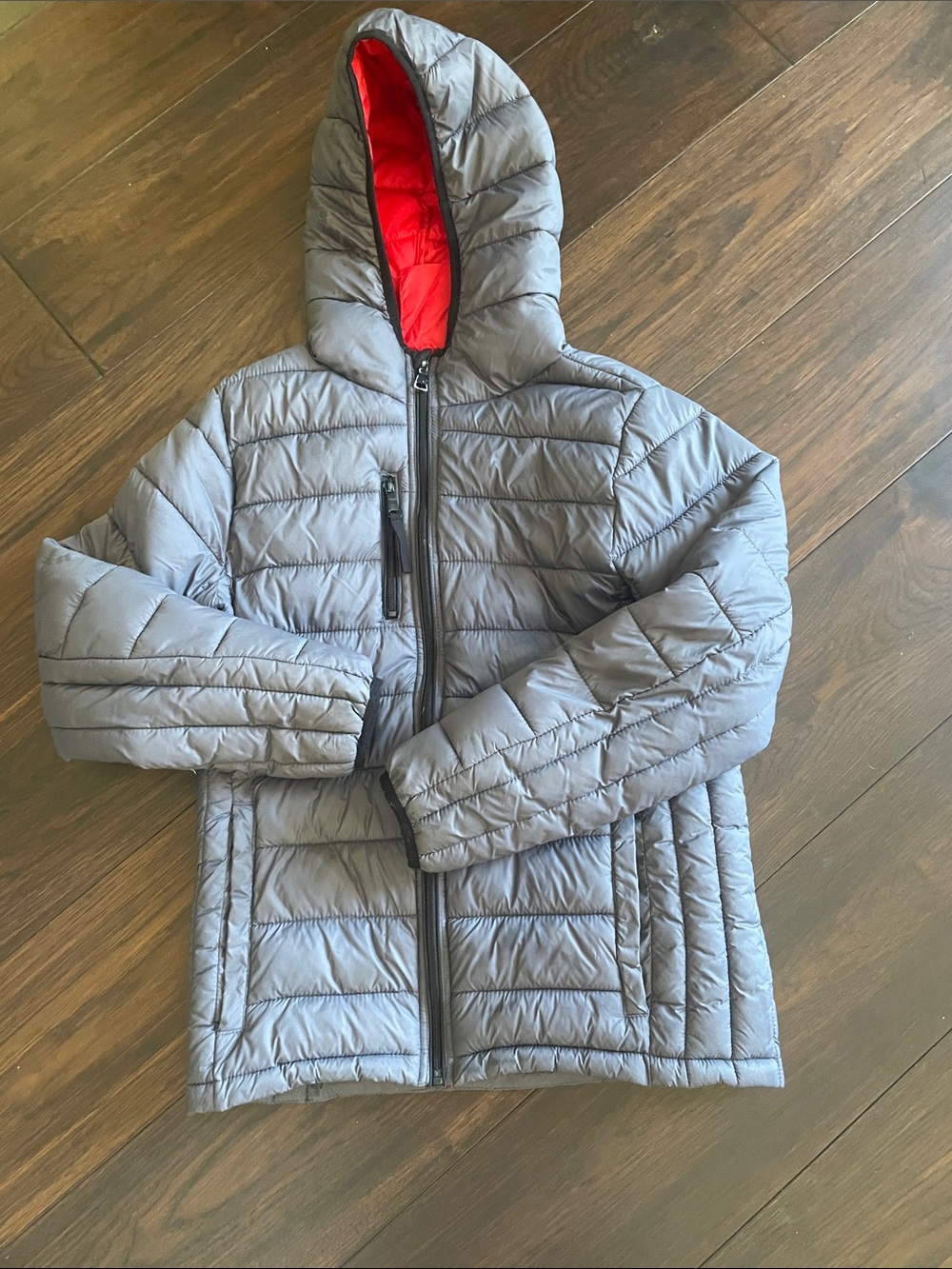 Urban Republic Gray Puffer Jacket with Red Hood Lining